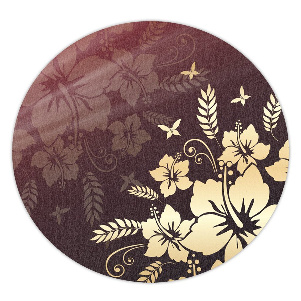 Hawaiian Golden Hibiscus Butterfly Polynesian Round Carpet - AH Round Carpet Luxurious Plush - Polynesian Pride