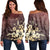 Hawaiian Golden Hibiscus Butterfly Polynesian Women's Off Shoulder Sweater - AH Black - Polynesian Pride