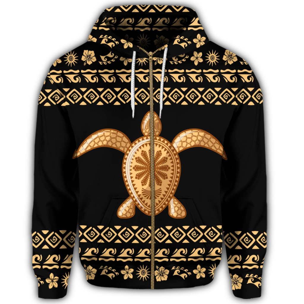 Hawaiian Golden Turtle Hibiscus Plumeria Polynesian Zip Hoodie - Polynesian Pride
