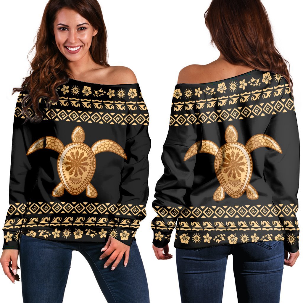 Hawaiian Golden Turtle Hibiscus Plumeria Polynesian Women's Off Shoulder Sweater - AH Black - Polynesian Pride