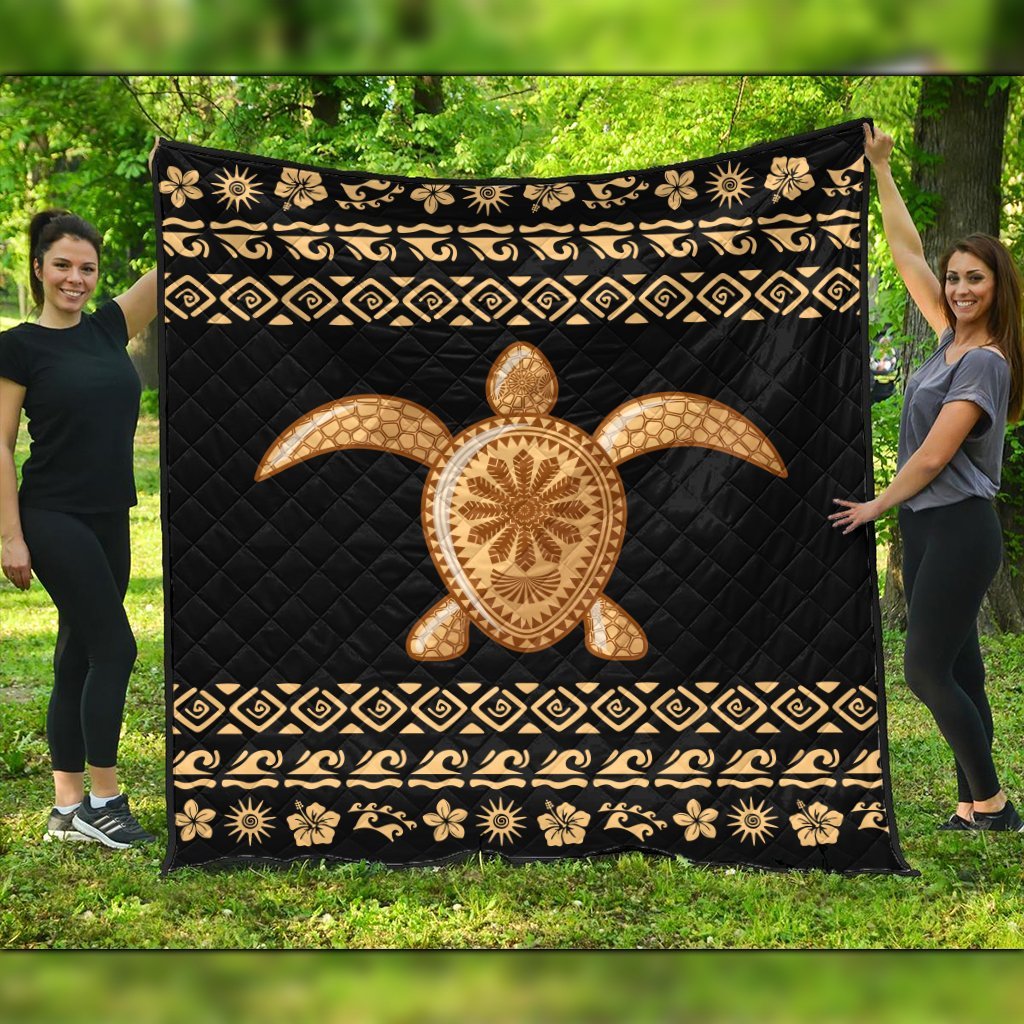 Hawaiian Golden Turtle Hibiscus Plumeria Polynesian Premium Quilts - AH Black - Polynesian Pride