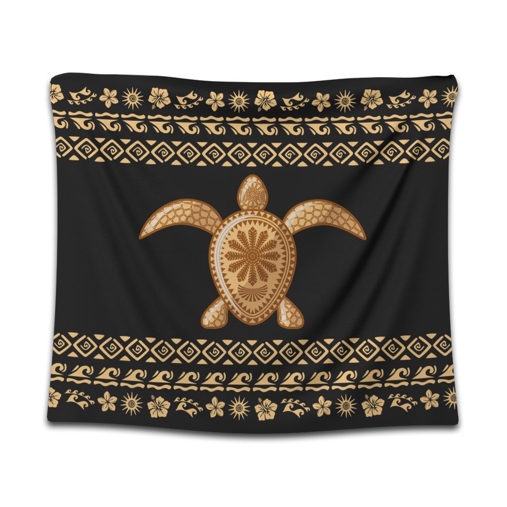 Hawaiian Golden Turtle Hibiscus Plumeria Polynesian Tapestry - AH Wall Tapestry Black - Polynesian Pride