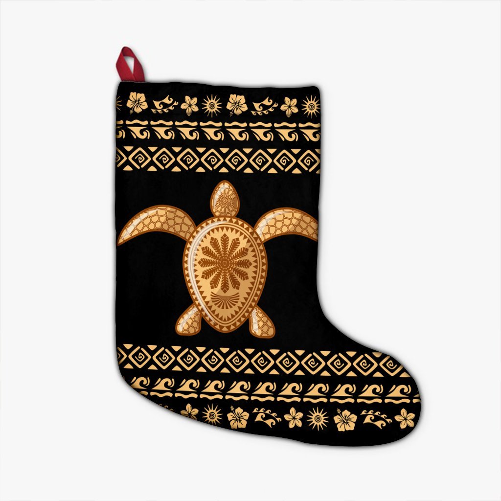 Hawaiian Golden Turtle Hibiscus Plumeria Polynesian Christmas Stocking - AH Christmas Stocking 26 X 42 cm Black - Polynesian Pride