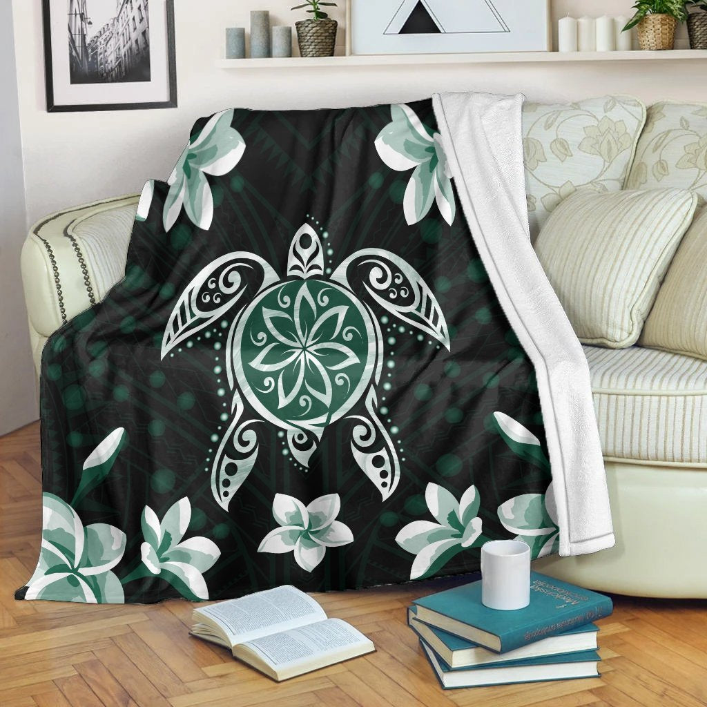 Hawaiian Greenie Turtle Plumeria Premium Blankets AH White - Polynesian Pride