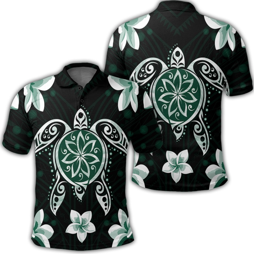 Hawaiian Greenie Turtle Plumeria Polo Shirt Unisex Black - Polynesian Pride