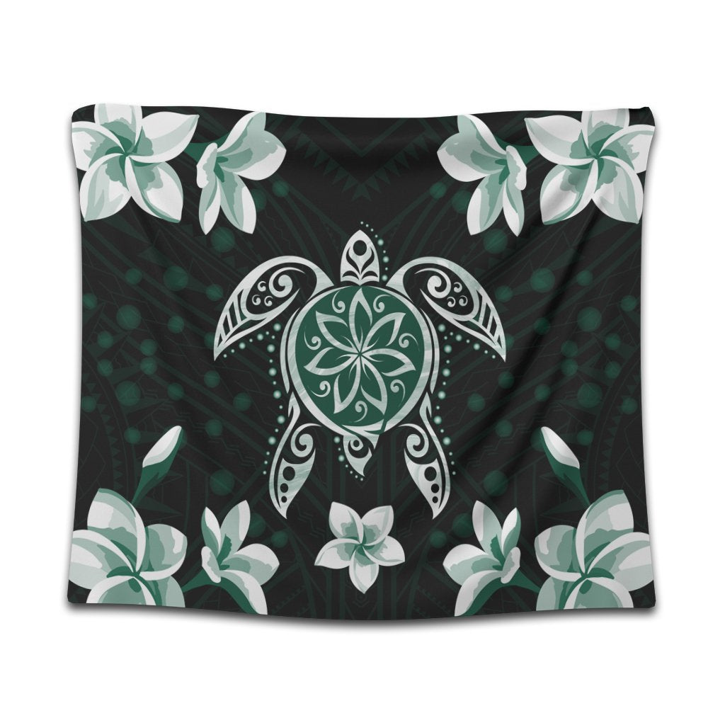 Hawaiian Greenie Turtle Plumeria Tapestry AH Wall Tapestry Black - Polynesian Pride