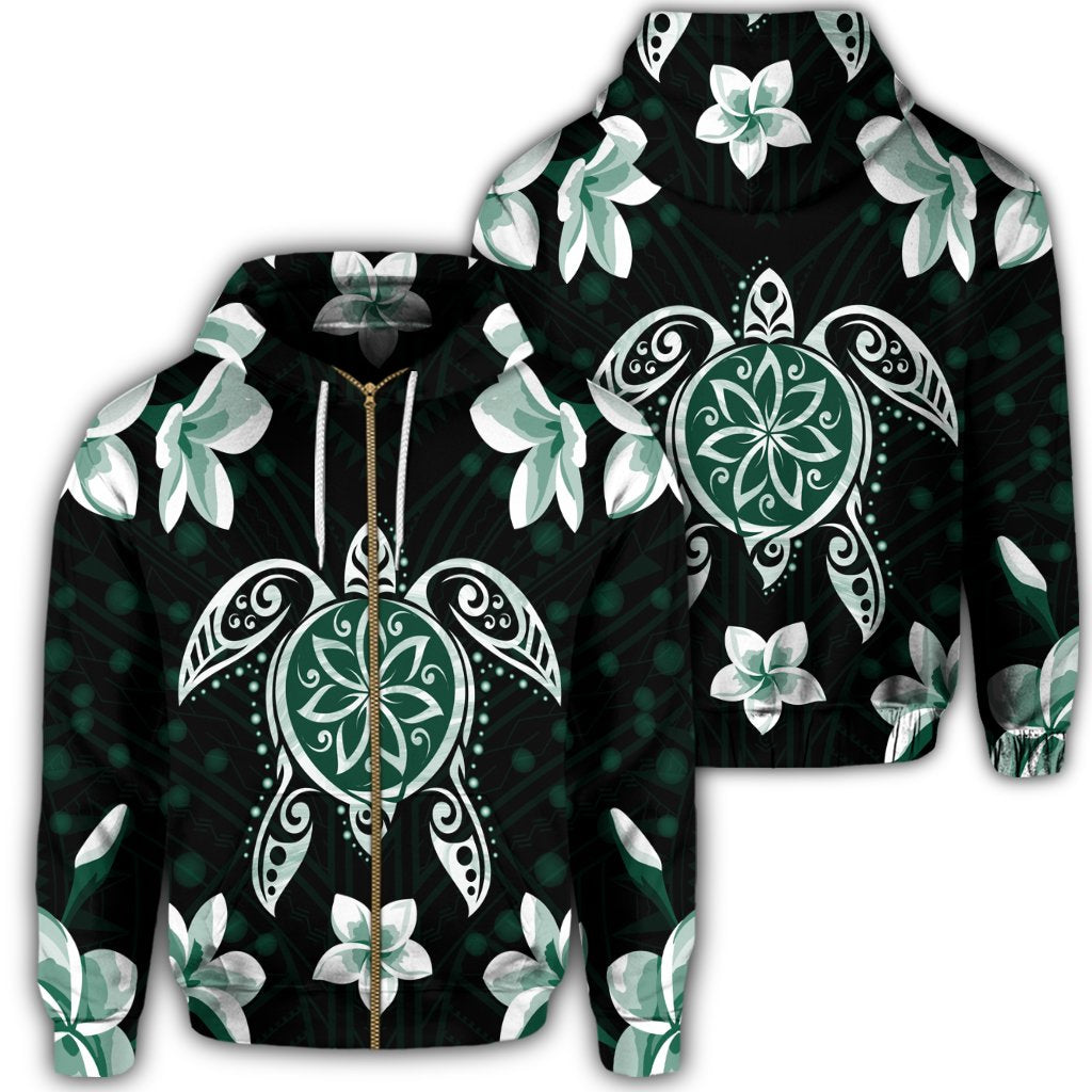 Hawaiian Greenie Turtle Plumeria Zip Hoodie Unisex Art - Polynesian Pride