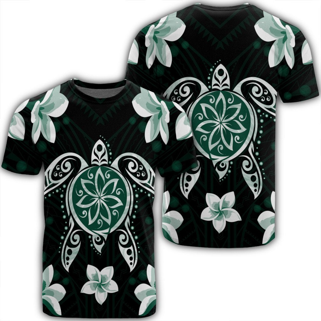 Hawaiian Greenie Turtle Plumeria T Shirt Unisex Black - Polynesian Pride