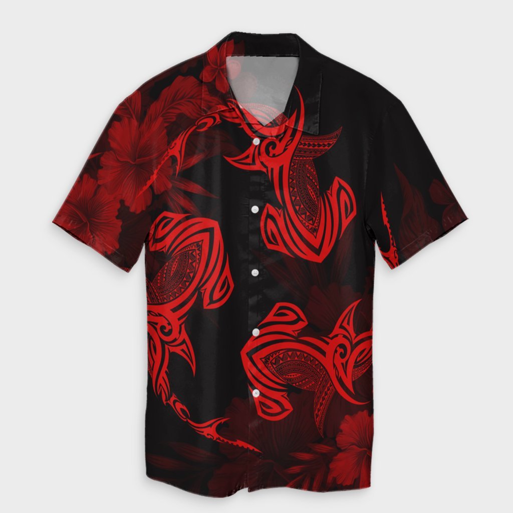 Hawaiian Hammerhead Shark Hibiscus Red Polynesian Hawaiian Shirt - AH Unisex Black - Polynesian Pride