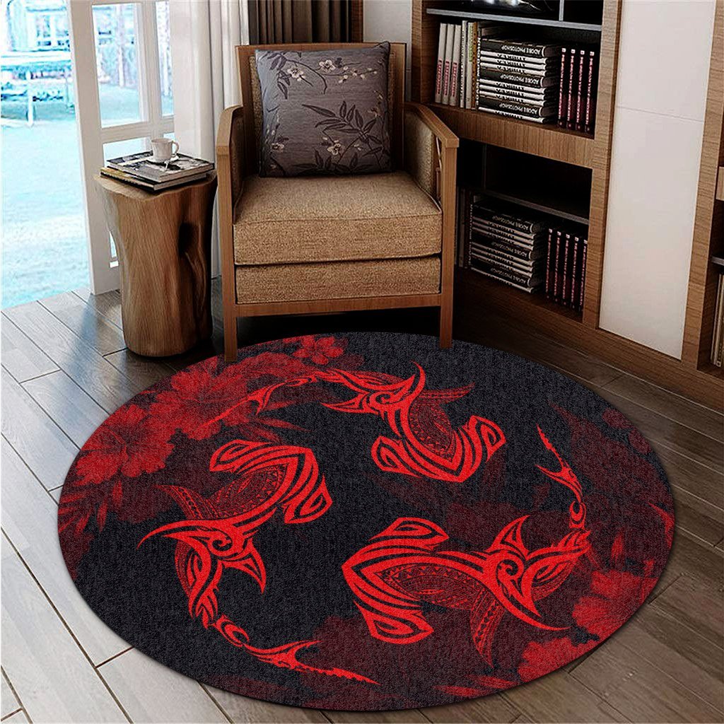Hawaiian Hammerhead Shark Hibiscus Red Polynesian Round Carpet - AH - Polynesian Pride