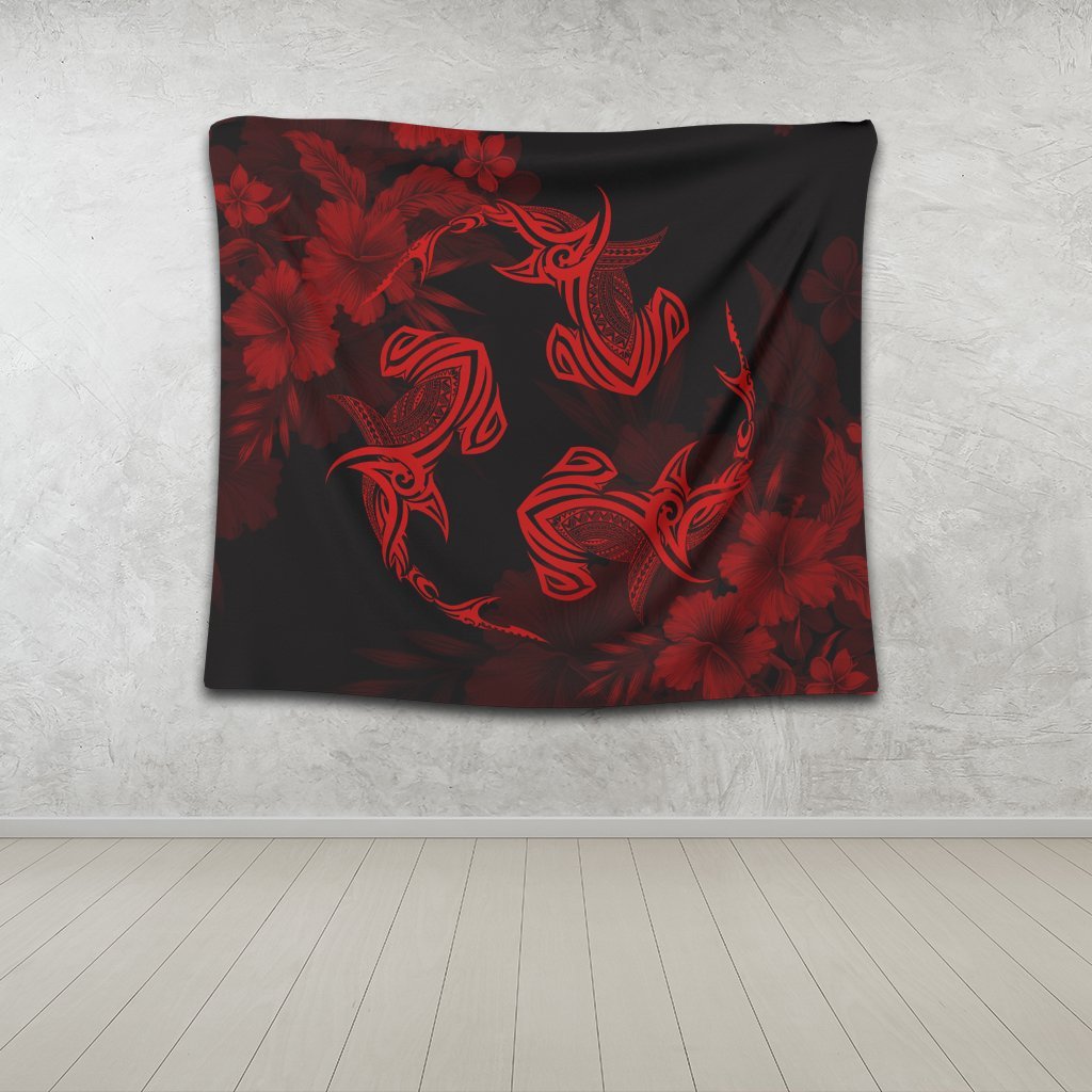 Hawaiian Hammerhead Shark Hibiscus Red Polynesian Tapestry - AH - Polynesian Pride