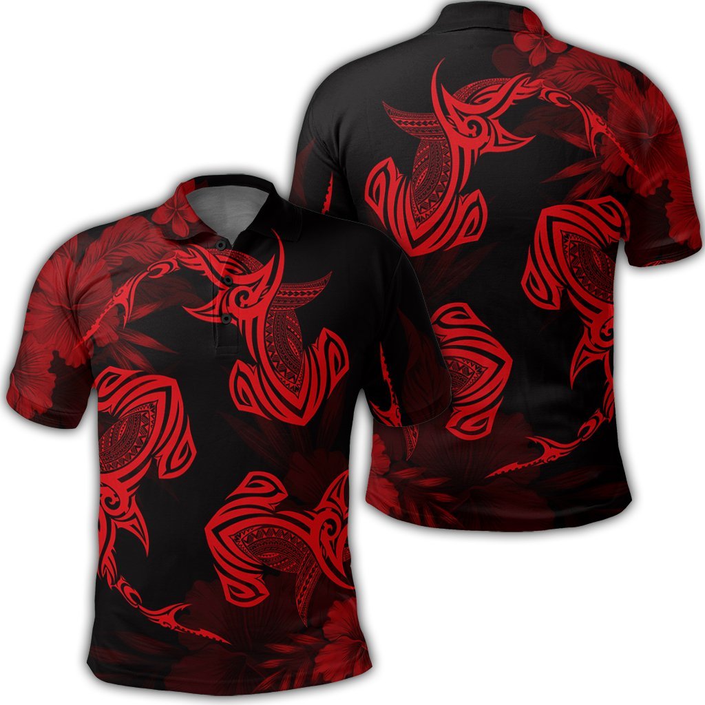 Hawaiian Hammerhead Shark Hibiscus Red Polynesian Polo Shirt Unisex Black - Polynesian Pride