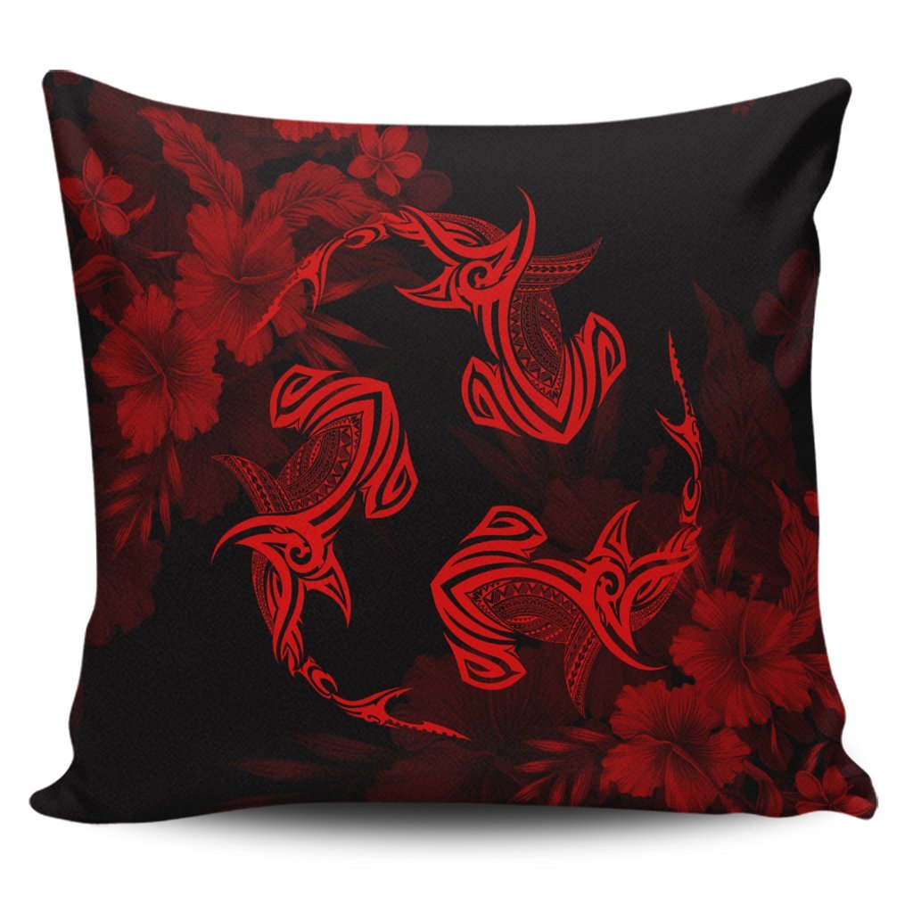 Hawaiian Hammerhead Shark Hibiscus Red Polynesian Pillow Covers - AH Pillow Covers Black - Polynesian Pride