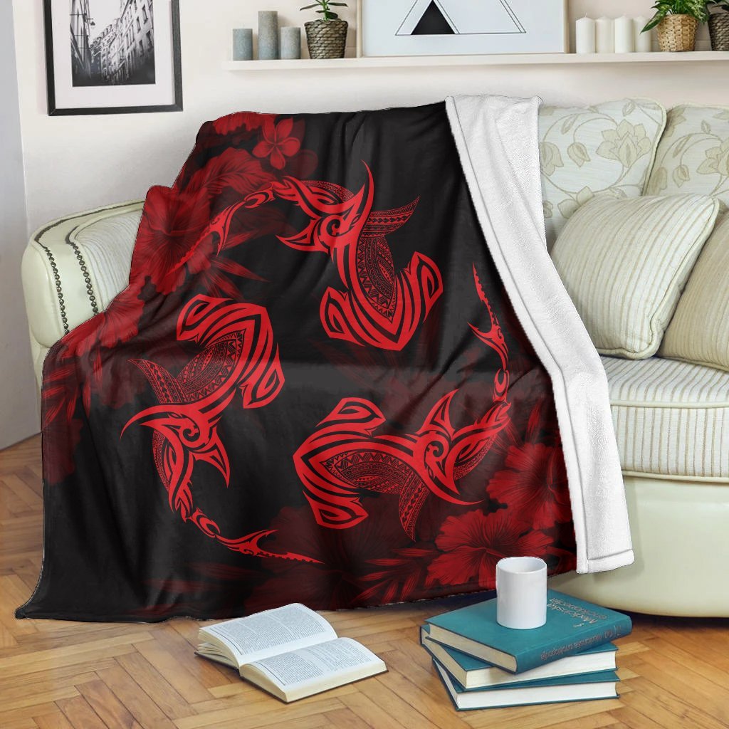 Hawaiian Hammerhead Shark Hibiscus Red Polynesian Premium Blankets - AH White - Polynesian Pride