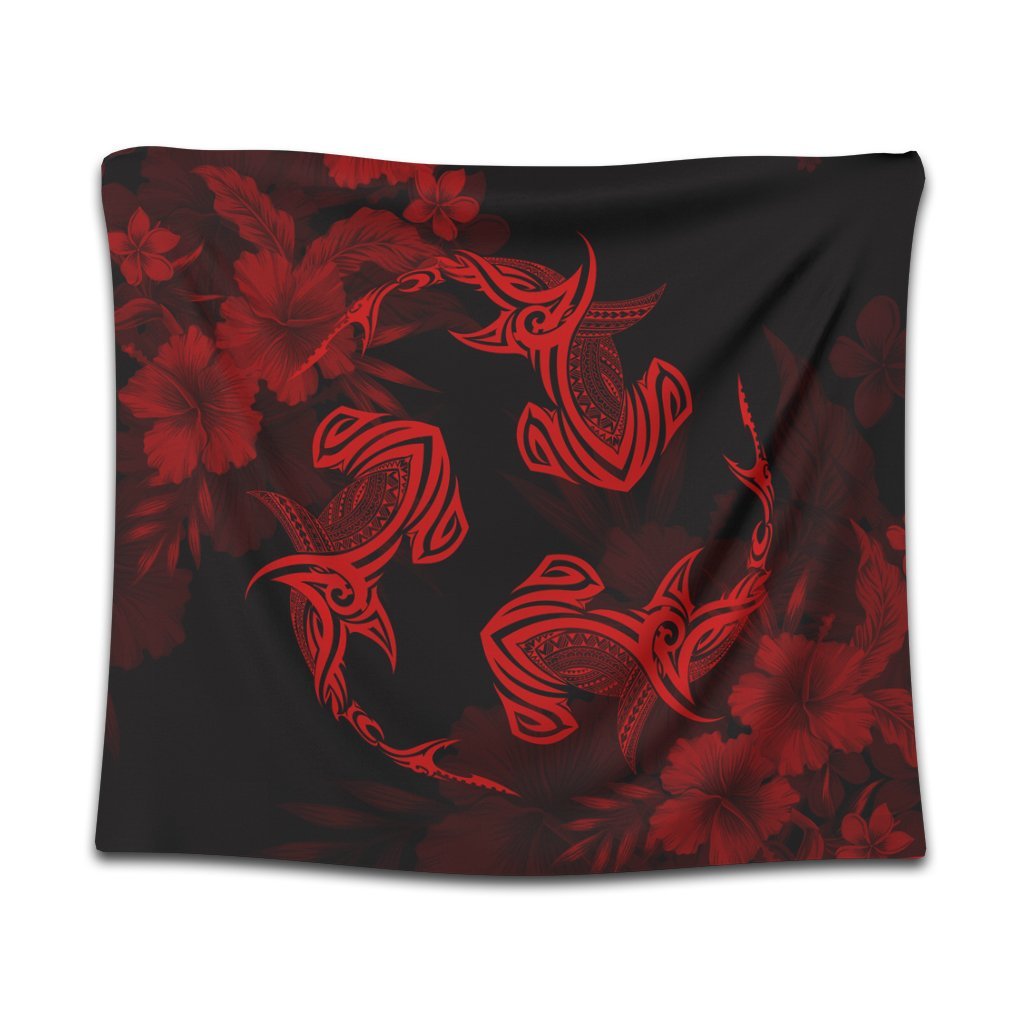 Hawaiian Hammerhead Shark Hibiscus Red Polynesian Tapestry - AH Wall Tapestry Black - Polynesian Pride