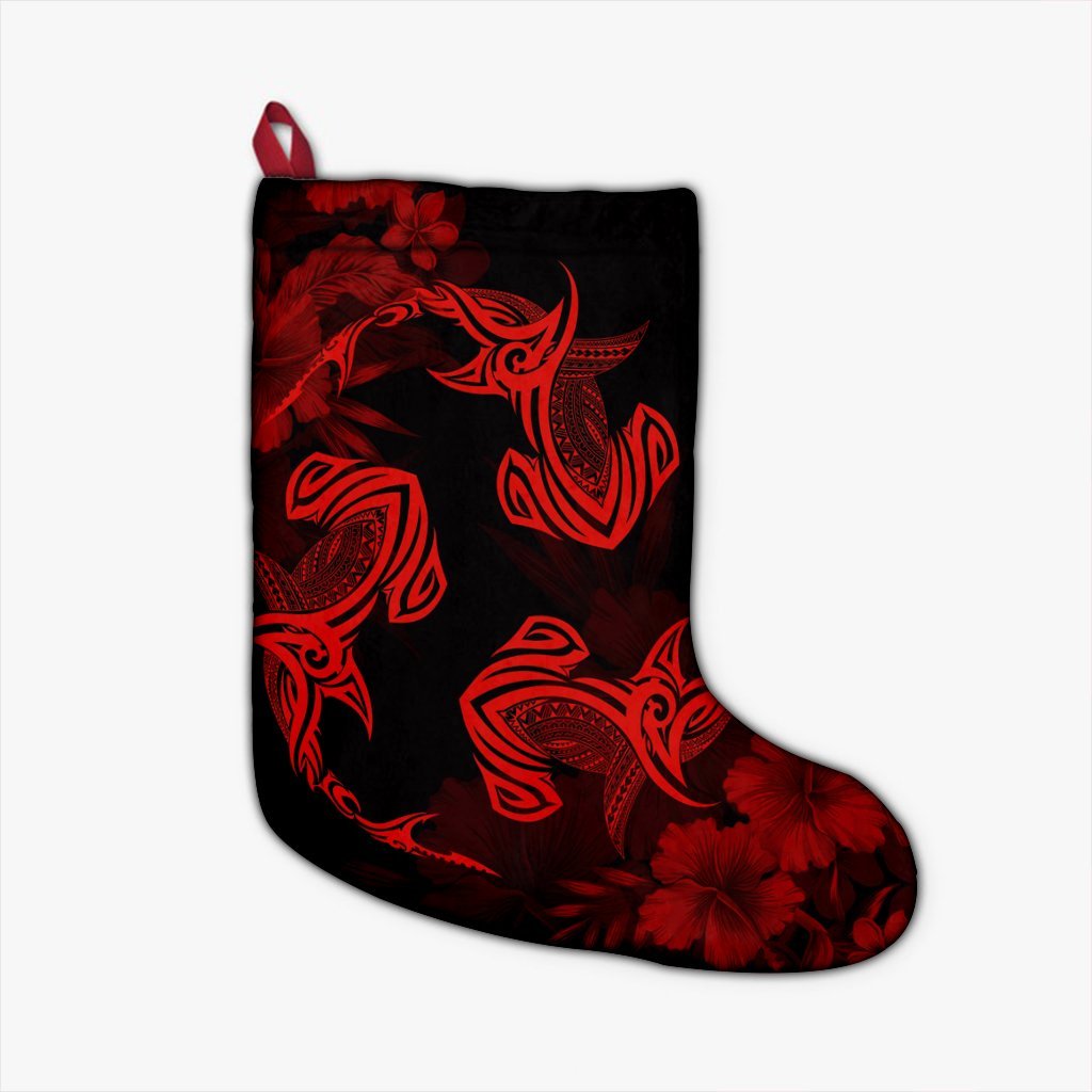 Hawaiian Hammerhead Shark Hibiscus Red Polynesian Christmas Stocking - AH Christmas Stocking 26 X 42 cm Black - Polynesian Pride