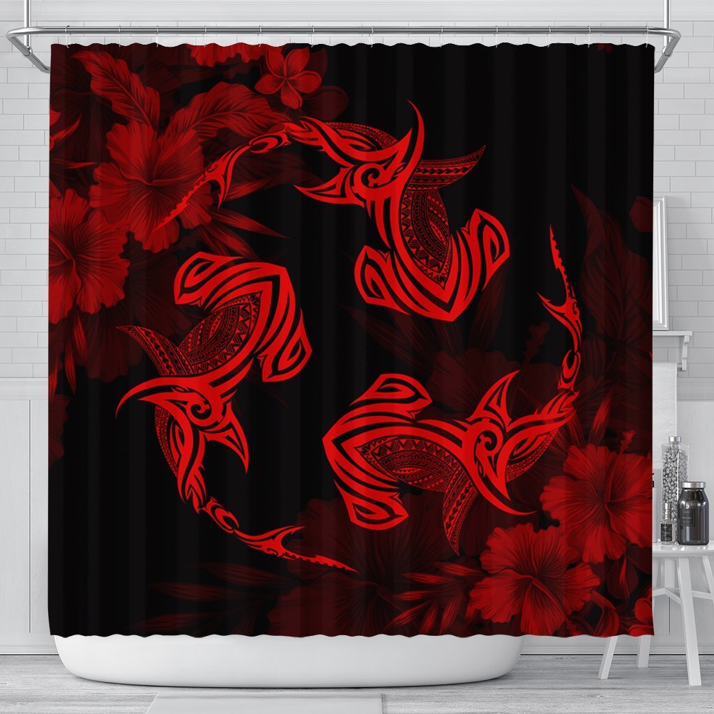 Hawaiian Hammerhead Shark Hibiscus Red Polynesian Shower Curtain - AH 177 x 172 (cm) Black - Polynesian Pride