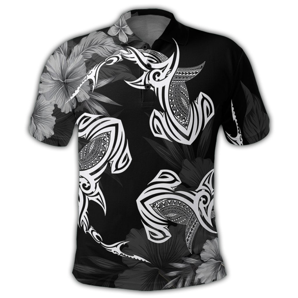 Hawaiian Hammerhead Shark Hibiscus White Polynesian Polo Shirt Unisex Black - Polynesian Pride