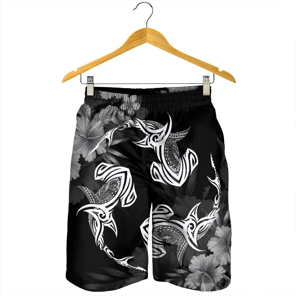 Hawaiian Hammerhead Shark Hibiscus White Polynesian Men's Shorts - AH - Polynesian Pride