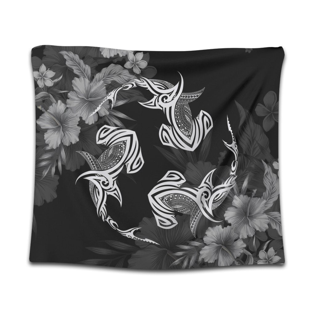 Hawaiian Hammerhead Shark Hibiscus White Polynesian Tapestry - AH Wall Tapestry Black - Polynesian Pride