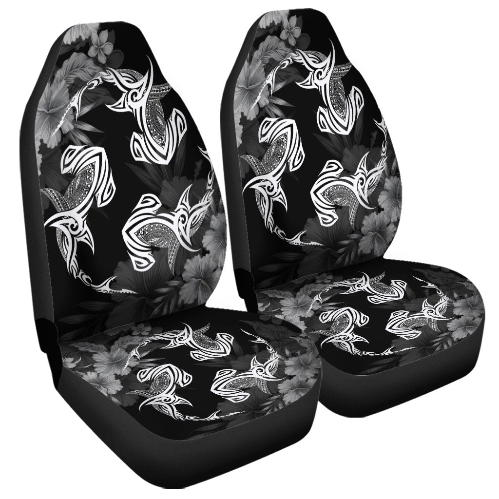 Hawaiian Hammerhead Shark Hibiscus White Polynesian Car Seat Covers - AH Universal Fit Black - Polynesian Pride