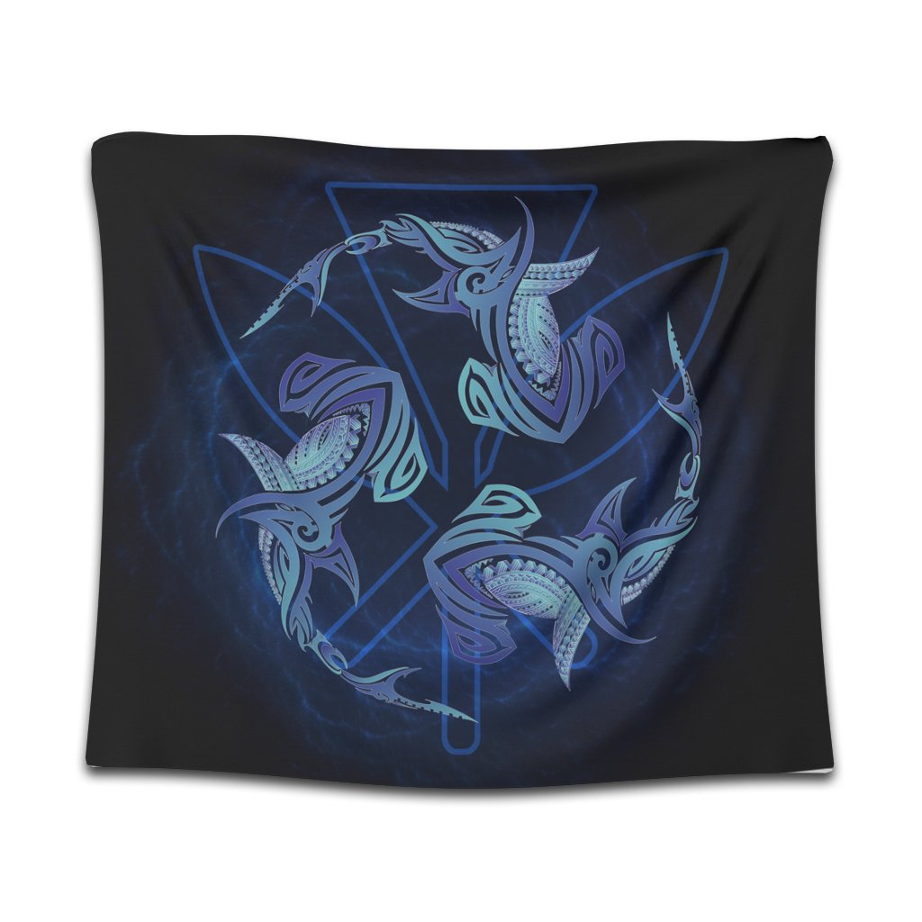 Hawaiian Hammerhead Shark Kanaka Galaxy Polynesian Tapestry - AH Wall Tapestry Black - Polynesian Pride