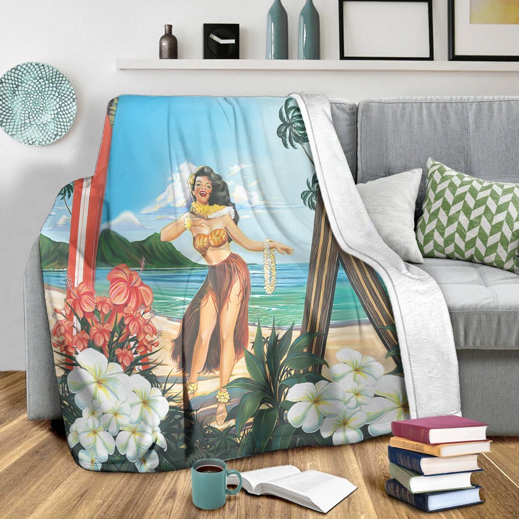 Hawaiian Hibiscus Aloha Hula Girl Dance On The Beach Premium Blankets - AH - Polynesian Pride