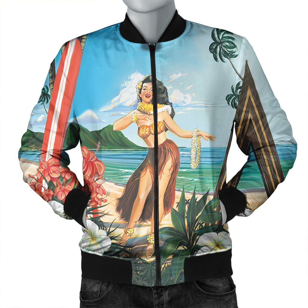 Hawaiian Hibiscus Aloha Hula Girl Dance On The Beach Bomber Jacket - AH Black Unisex - Polynesian Pride