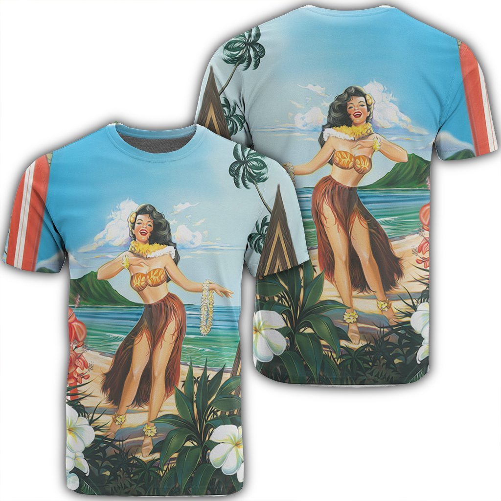 Hawaiian Hibiscus Aloha Hula Girl Dance On The Beach T Shirt Unisex Black - Polynesian Pride