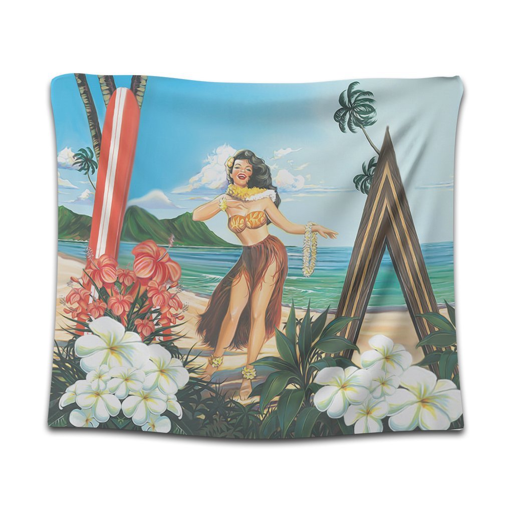 Hawaiian Hibiscus Aloha Hula Girl Dance On The Beach Tapestry - AH Wall Tapestry Black - Polynesian Pride