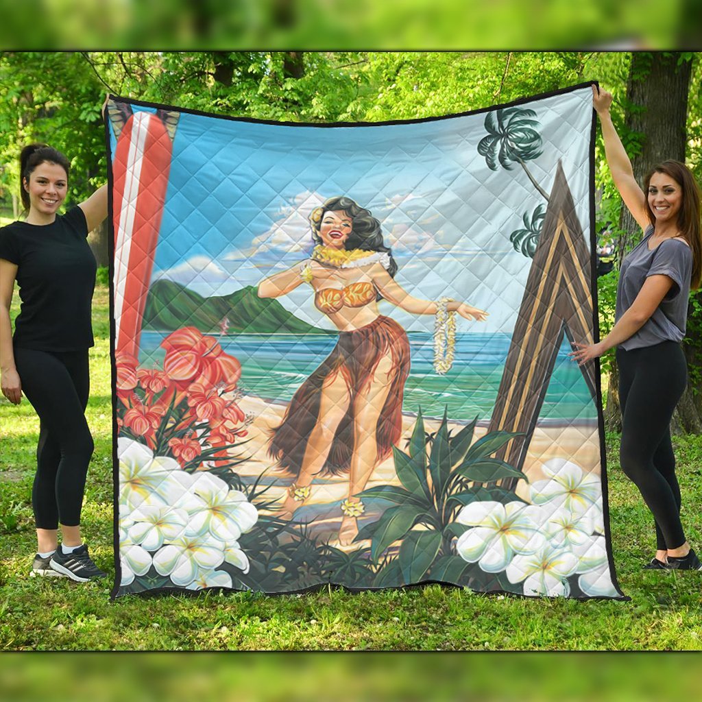 Hawaiian Hibiscus Aloha Hula Girl Dance On The Beach Premium Quilts - AH Black - Polynesian Pride