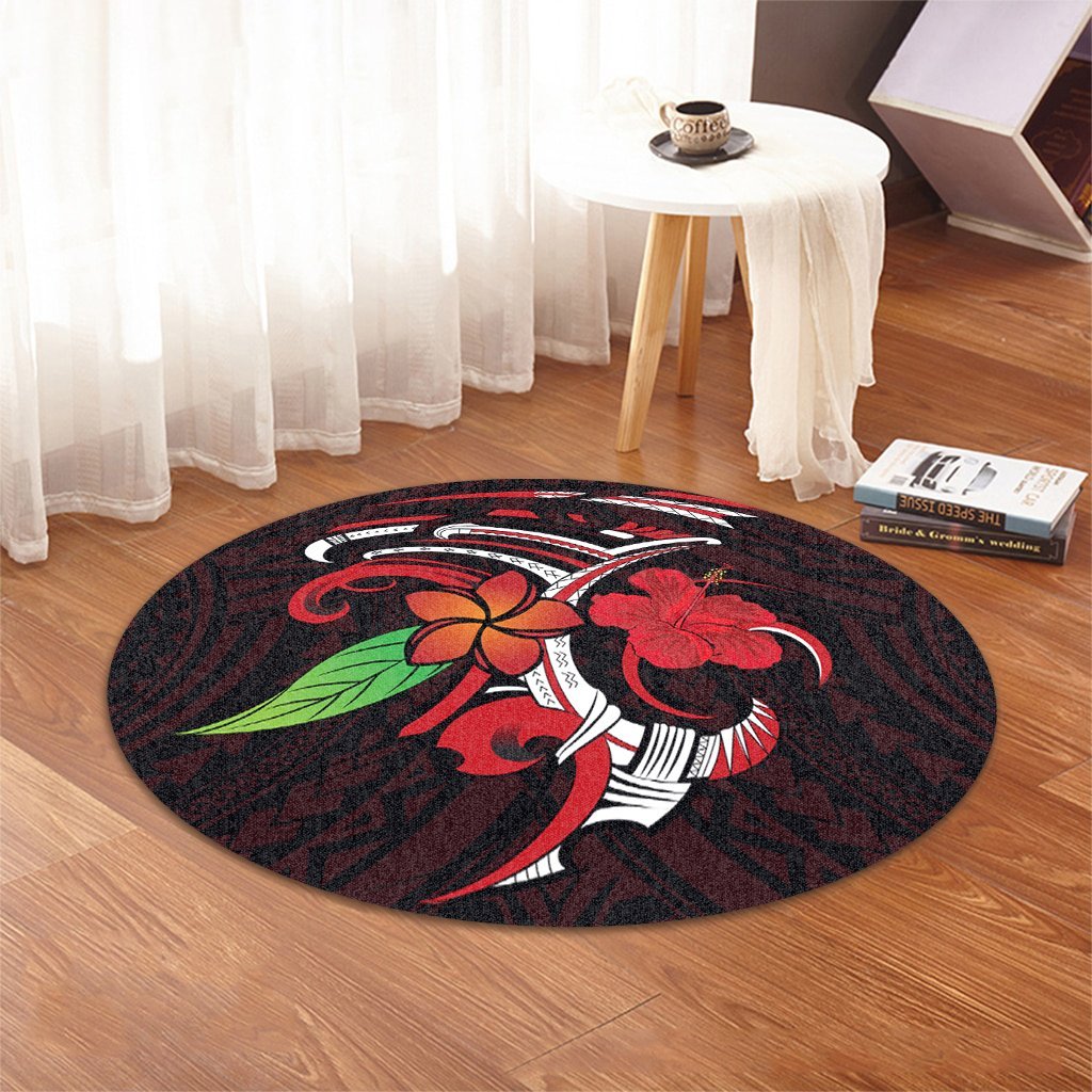 Hawaiian Hibiscus And Plumeria Flower Polynesian Round Carpet - AH - Polynesian Pride