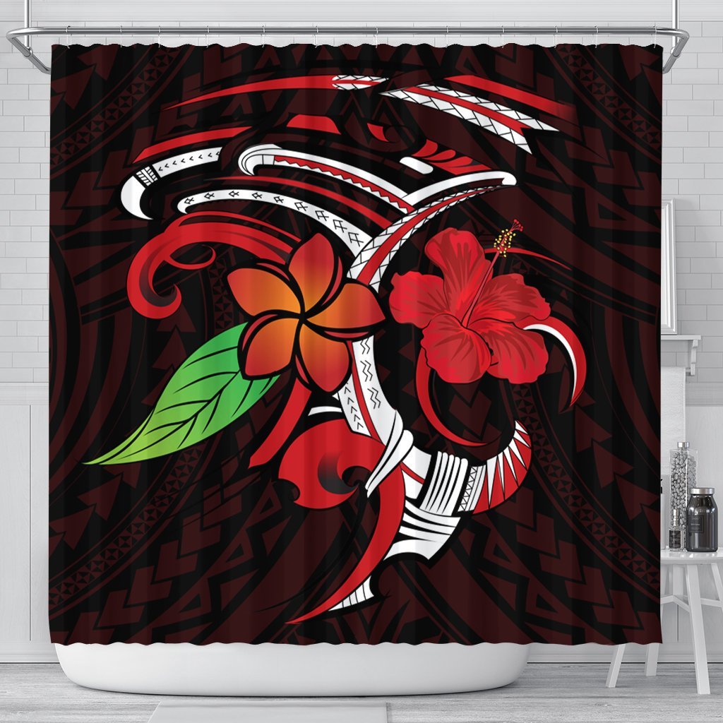 Hawaiian Hibiscus And Plumeria Flower Polynesian Shower Curtain - AH 177 x 172 (cm) Black - Polynesian Pride