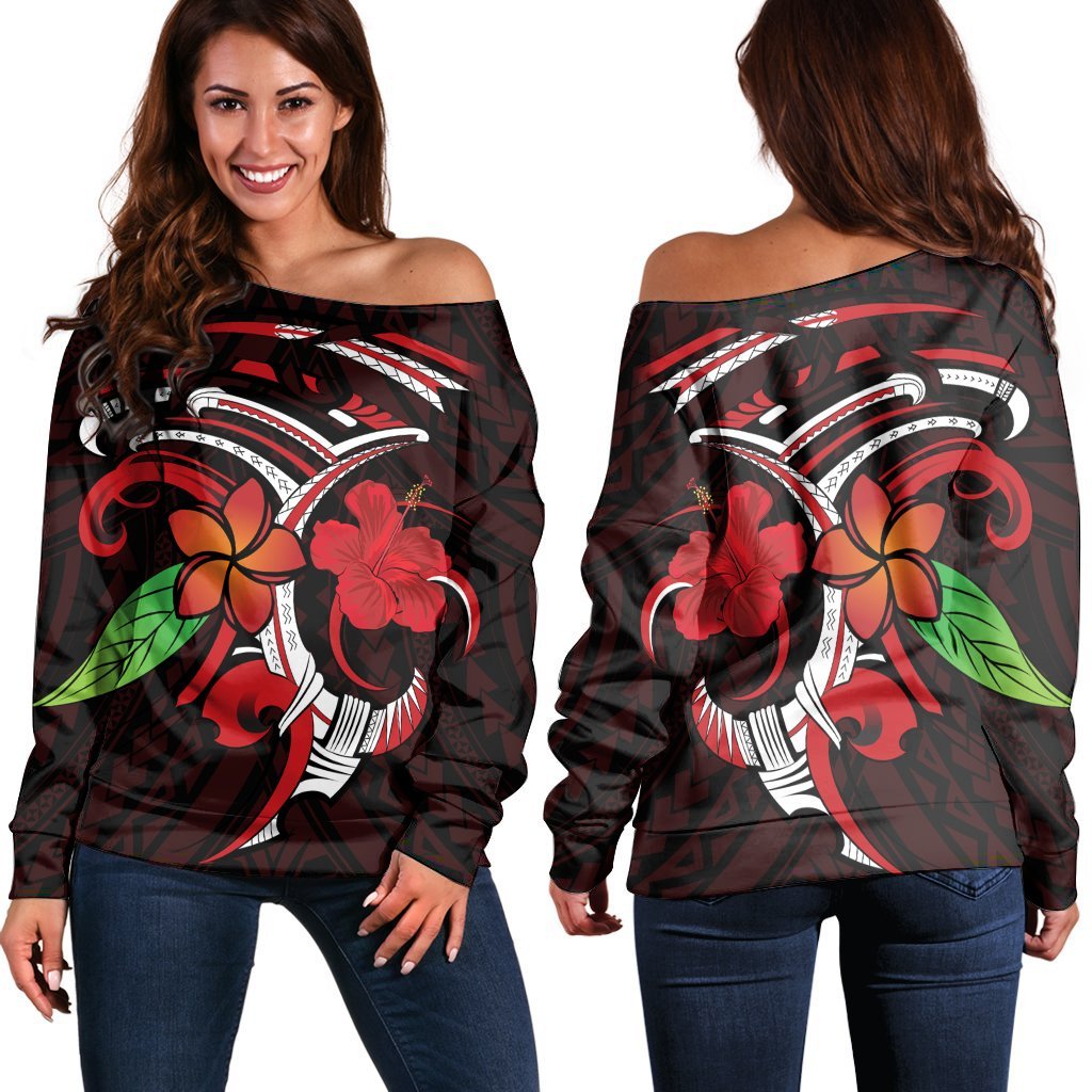 Hawaiian Hibiscus And Plumeria Flower Polynesian Women's Off Shoulder Sweater - AH Black - Polynesian Pride