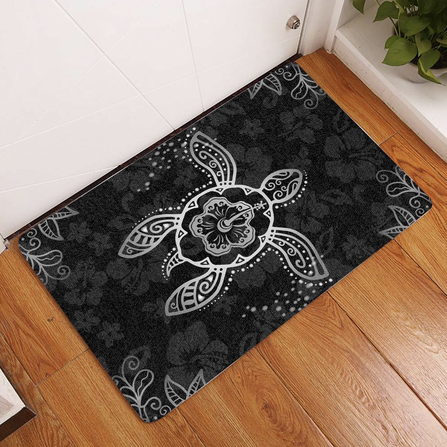 Hawaiian Hibiscus And Turtle Gold Door Mat Gray AH Door Mat Gray - Polynesian Pride