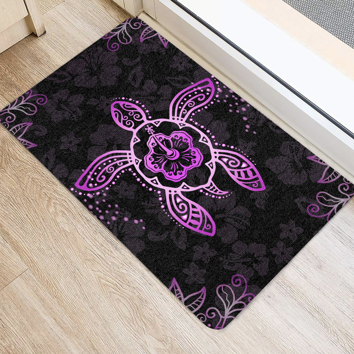 Hawaiian Hibiscus And Turtle Gold Door Mat Pink AH - Polynesian Pride