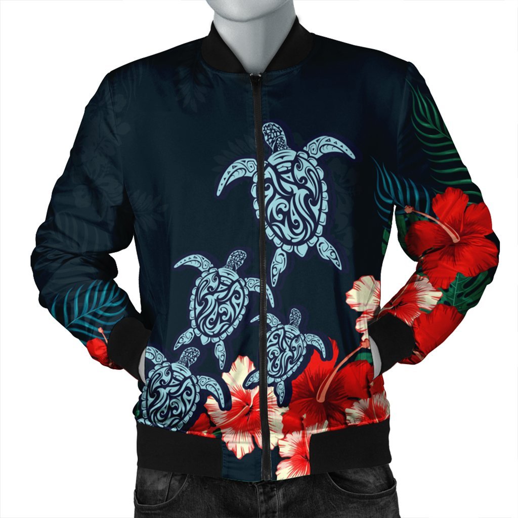 Hawaiian Hibiscus And Turtle Polynesian Bomber Jacket - AH Black Unisex - Polynesian Pride