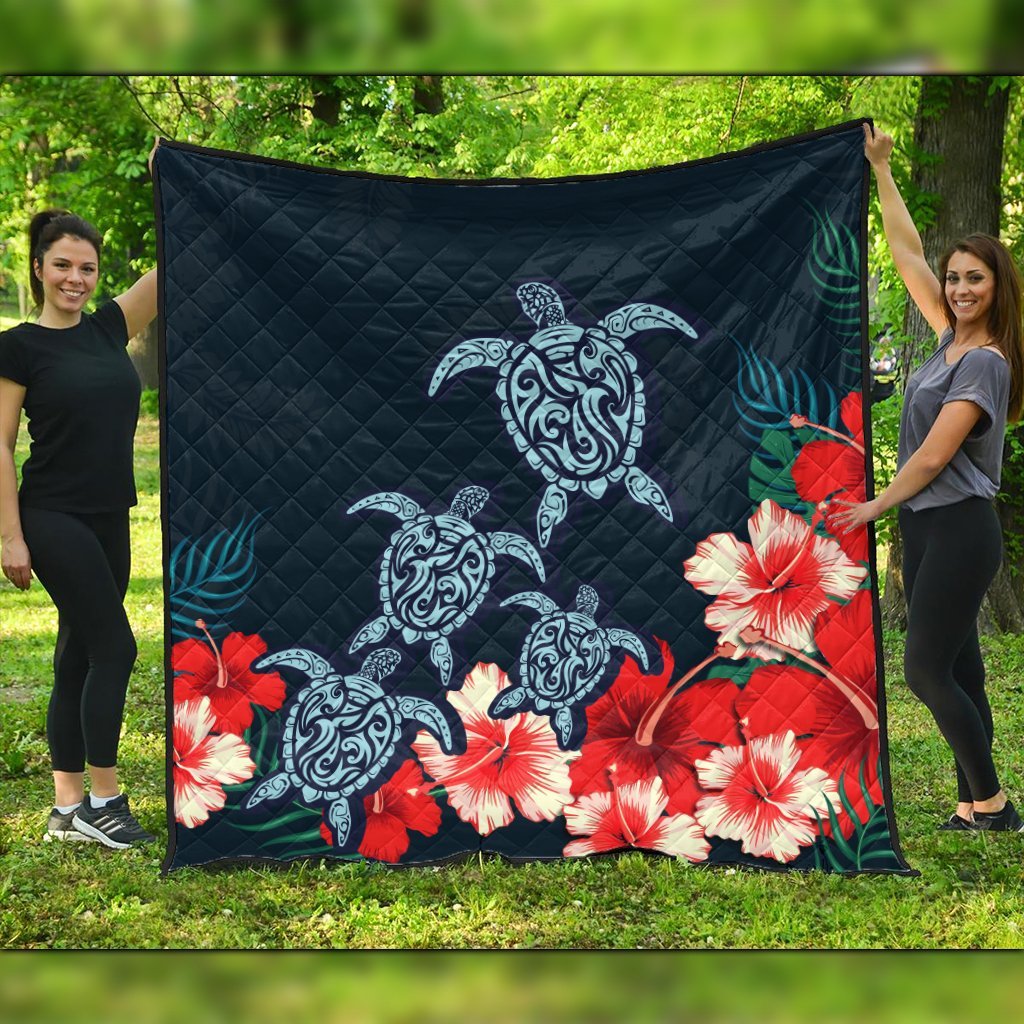 Hawaiian Hibiscus And Turtle Polynesian Premium Quilts - AH Black - Polynesian Pride