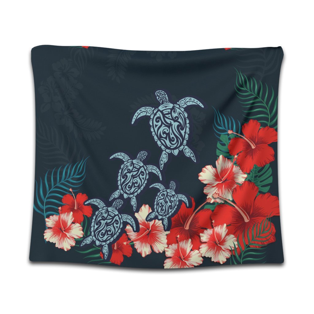 Hawaiian Hibiscus And Turtle Polynesian Tapestry - AH Wall Tapestry Black - Polynesian Pride