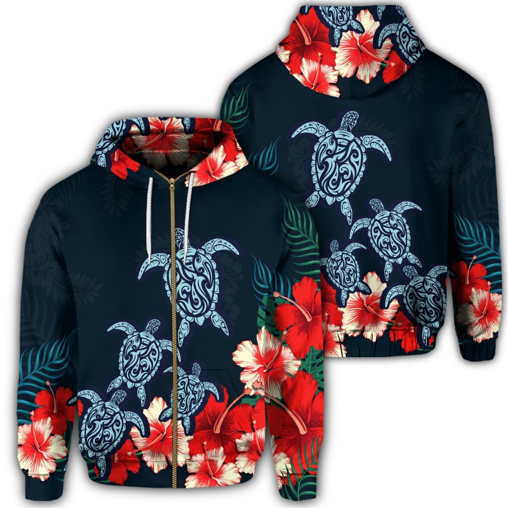 Hawaiian Hibiscus and Turtle Polynesian Zip Hoodie Unisex Art - Polynesian Pride