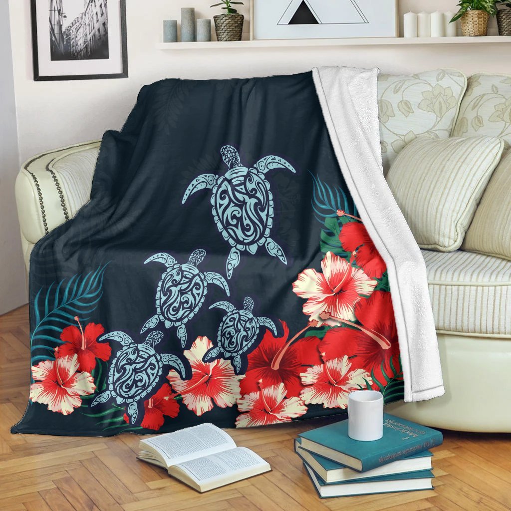 Hawaiian Hibiscus And Turtle Polynesian Premium Blankets - AH White - Polynesian Pride