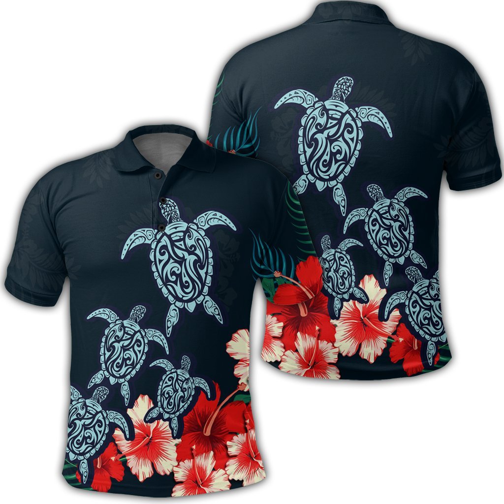 Hawaiian Hibiscus and Turtle Polynesian Polo Shirt Unisex Black - Polynesian Pride