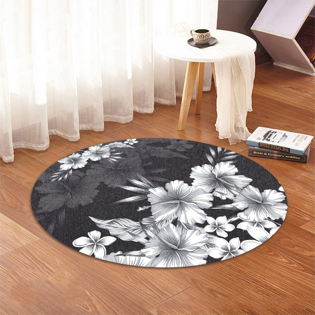 Hawaiian Hibiscus Black And White Polynesian Round Carpet - AH - Polynesian Pride