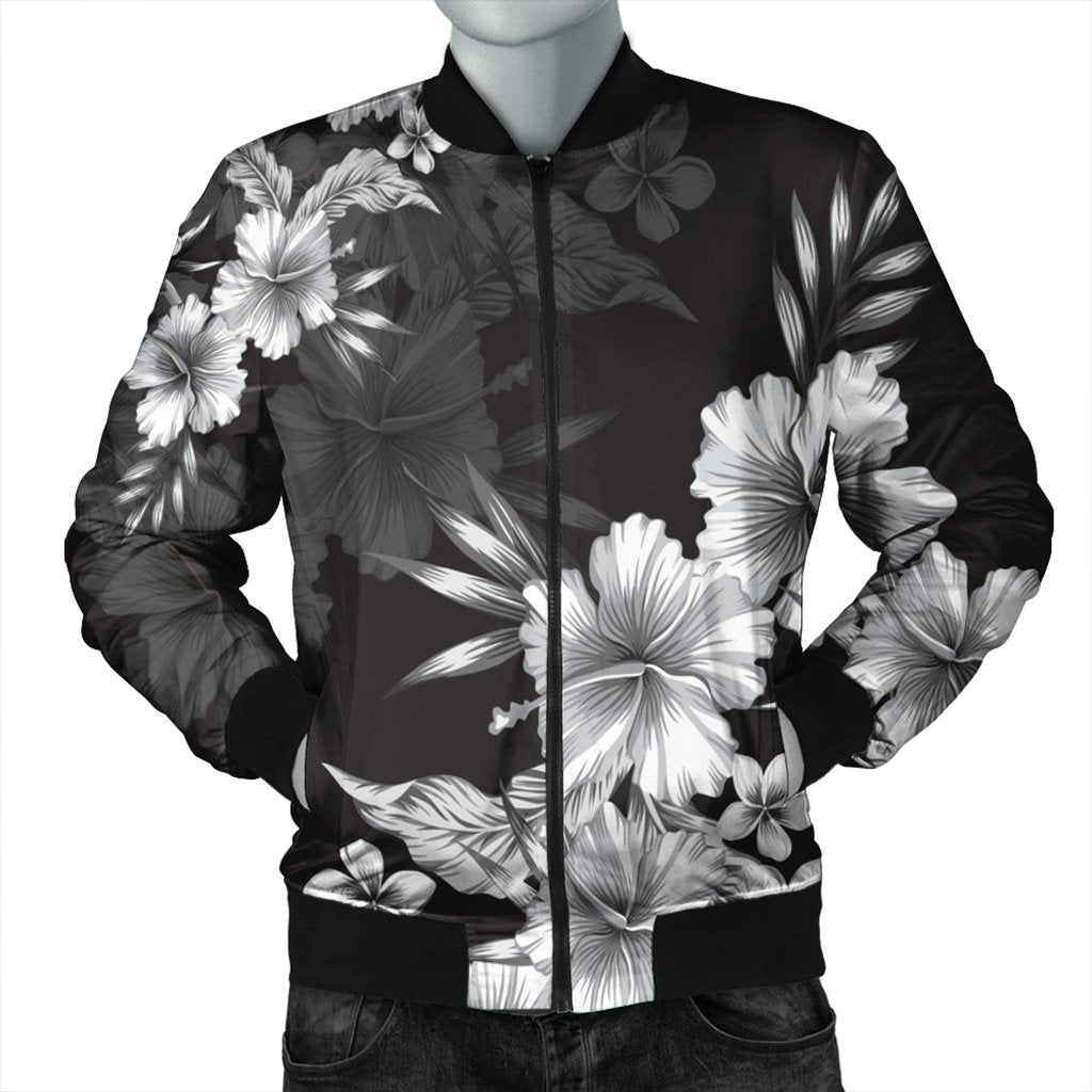 Hawaiian Hibiscus Black And White Polynesian Bomber Jacket - AH Black Unisex - Polynesian Pride