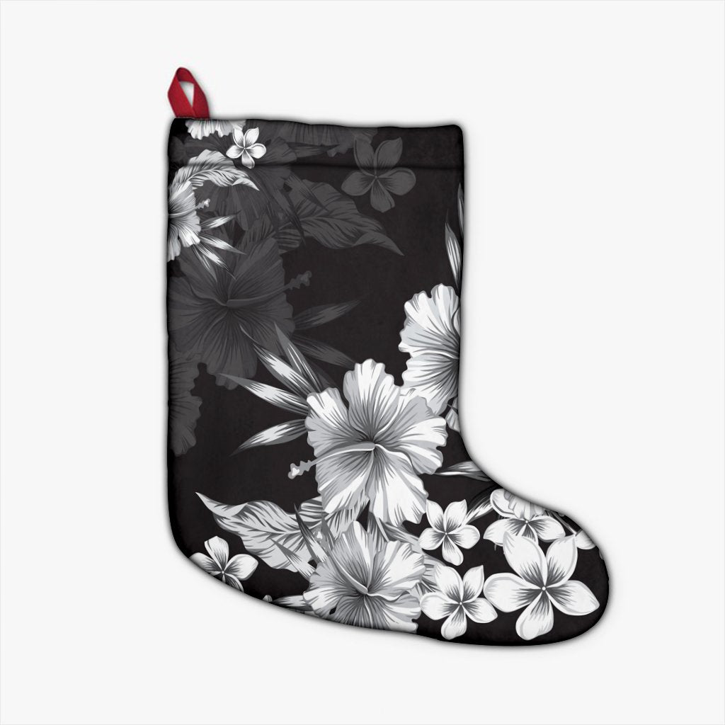 Hawaiian Hibiscus Black And White Polynesian Christmas Stocking - AH Christmas Stocking 26 X 42 cm Black - Polynesian Pride