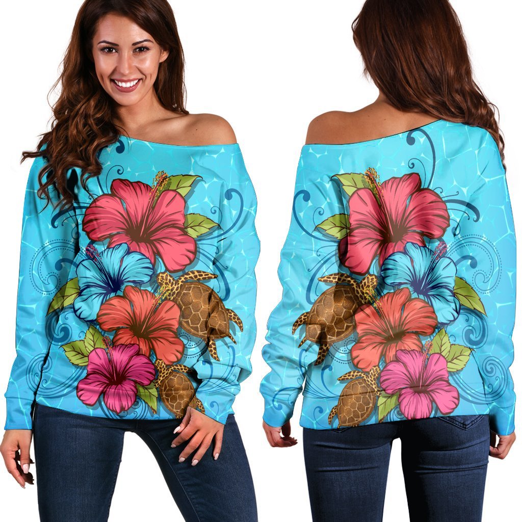 Hawaiian Hibiscus Flower Soulful Women's Off Shoulder Sweater - AH Black - Polynesian Pride