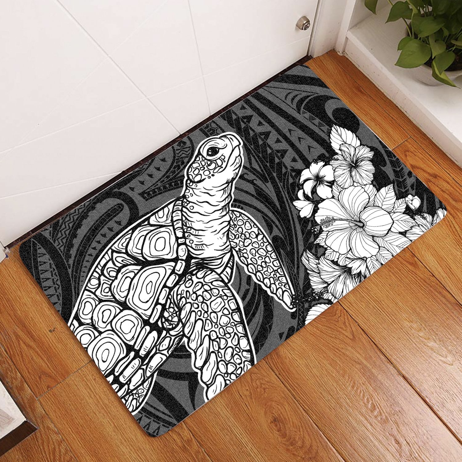 Hawaiian Hibiscus Memory Polynesian Turtle Door Mat White AH Door Mat White - Polynesian Pride