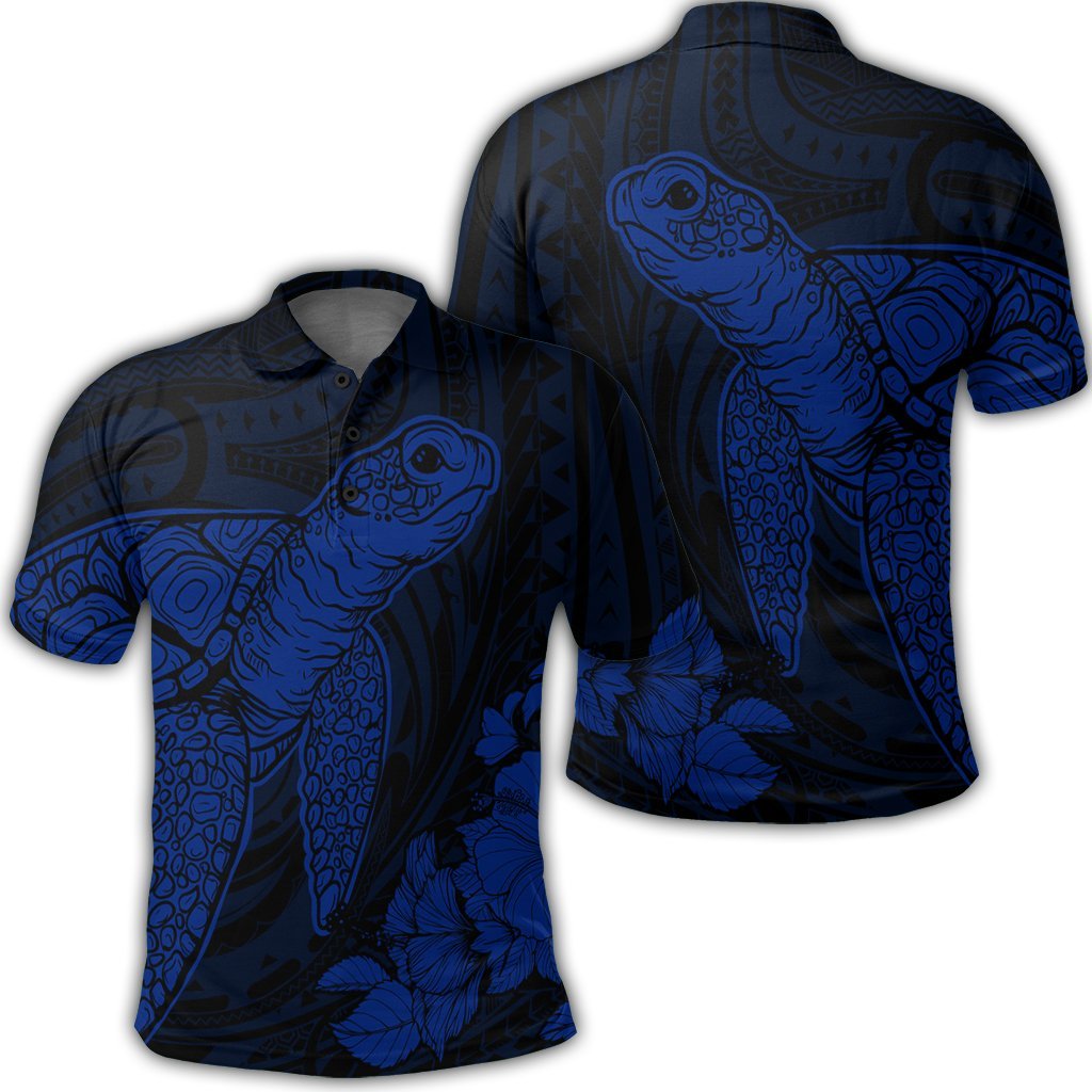 Hawaiian Hibiscus Memory Turtle Polynesian Polo Shirt Blue Unisex Black - Polynesian Pride