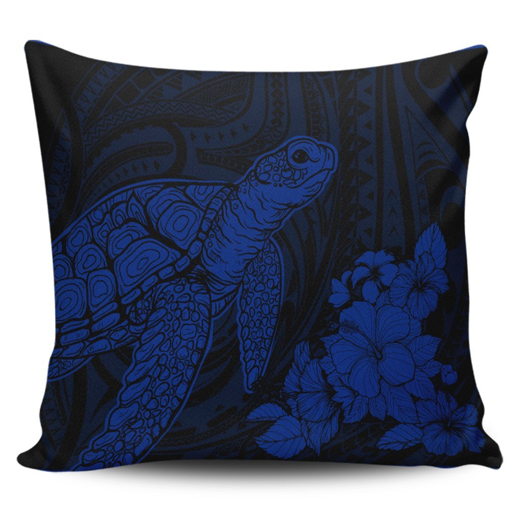 Hawaiian Hibiscus Memory Turtle Polynesian Pillow Covers Blue - AH Pillow Covers Black - Polynesian Pride