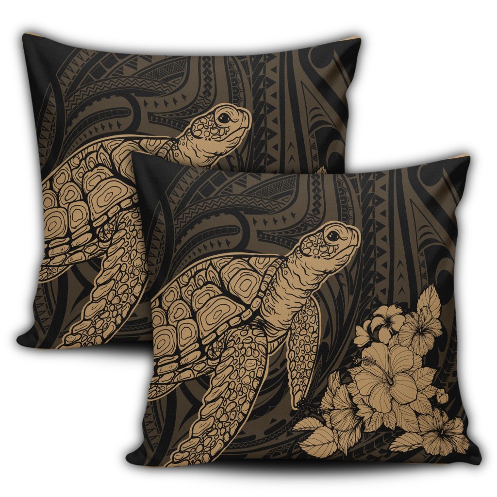 Hawaiian Hibiscus Memory Turtle Polynesian Pillow Covers Gold - AH - Polynesian Pride
